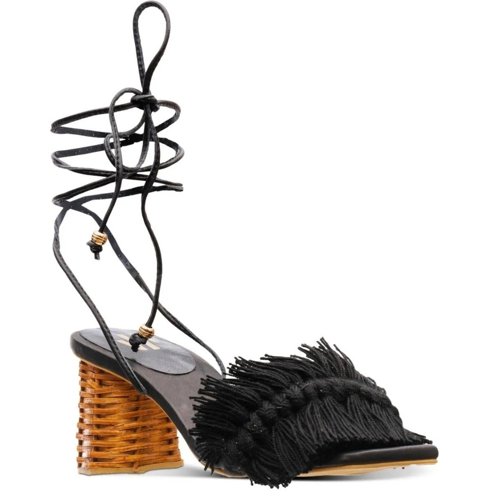 Silvia Cobos Canasto Fringe Womens Dress Heels Leather Black Lace-Up Sandals
